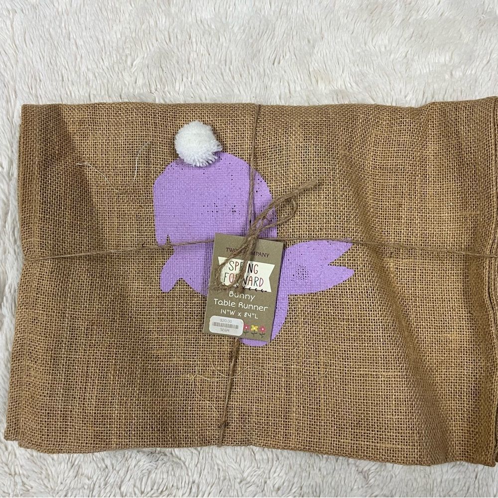Two's Company Burlap Table Runner with Lavender Bunny